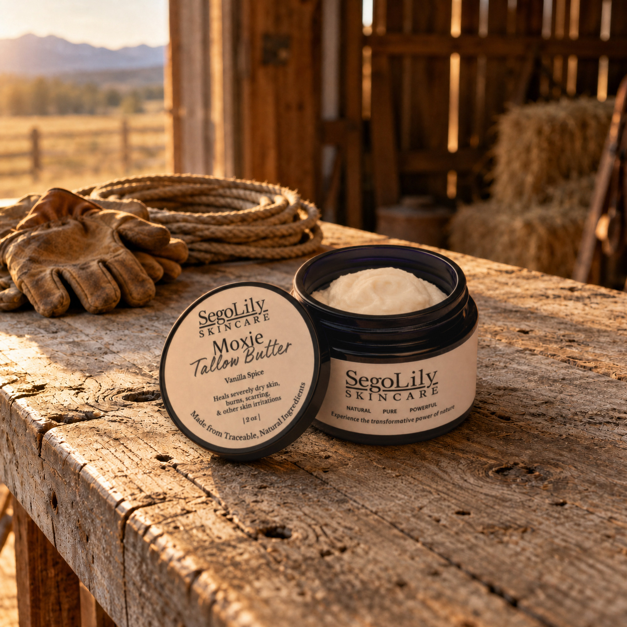 Moxie Tallow Butter on a barn workbench next to leather work gloves and a lariat
