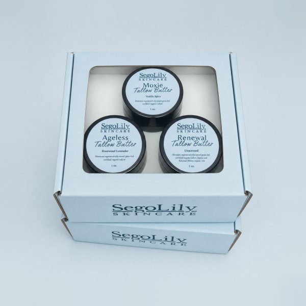 Sego Lily gift box with Ageless, Renewal and Moxie tallow butter jars