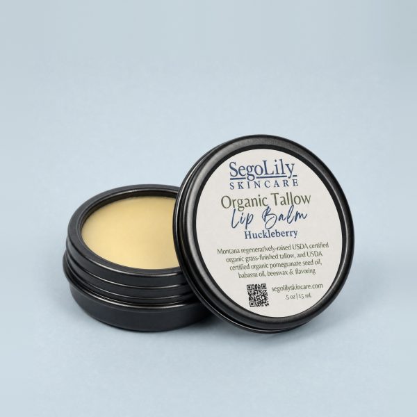 Organic Tallow Lip Balm, Huckleberry, open tin with its lid