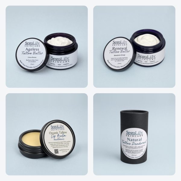 Citrus Set: Ageless Tallow Butter in Citrus Breeze, Renewal Tallow Butter in Mandarin Orange, Tallow Lip Balm in Huckleberry and Natural Tallow Deodorant