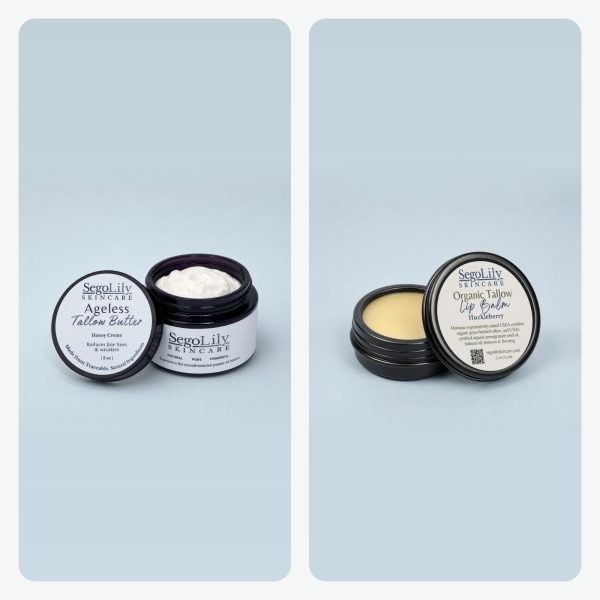 Starter Set: a 2 oz jar of tallow butter (Ageless shown) and a Tallow Lip Balm in Huckleberry