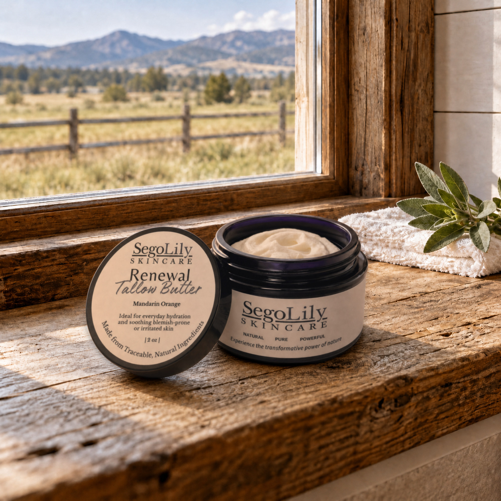 Renewal Tallow Butter, open on a rustic windowsill looking out over pasture